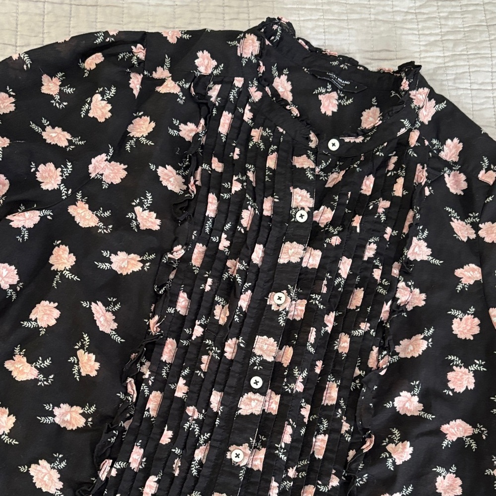 Lucky Brand Black & Blush Pink Floral Pintuck Ruffle Blouse - Large